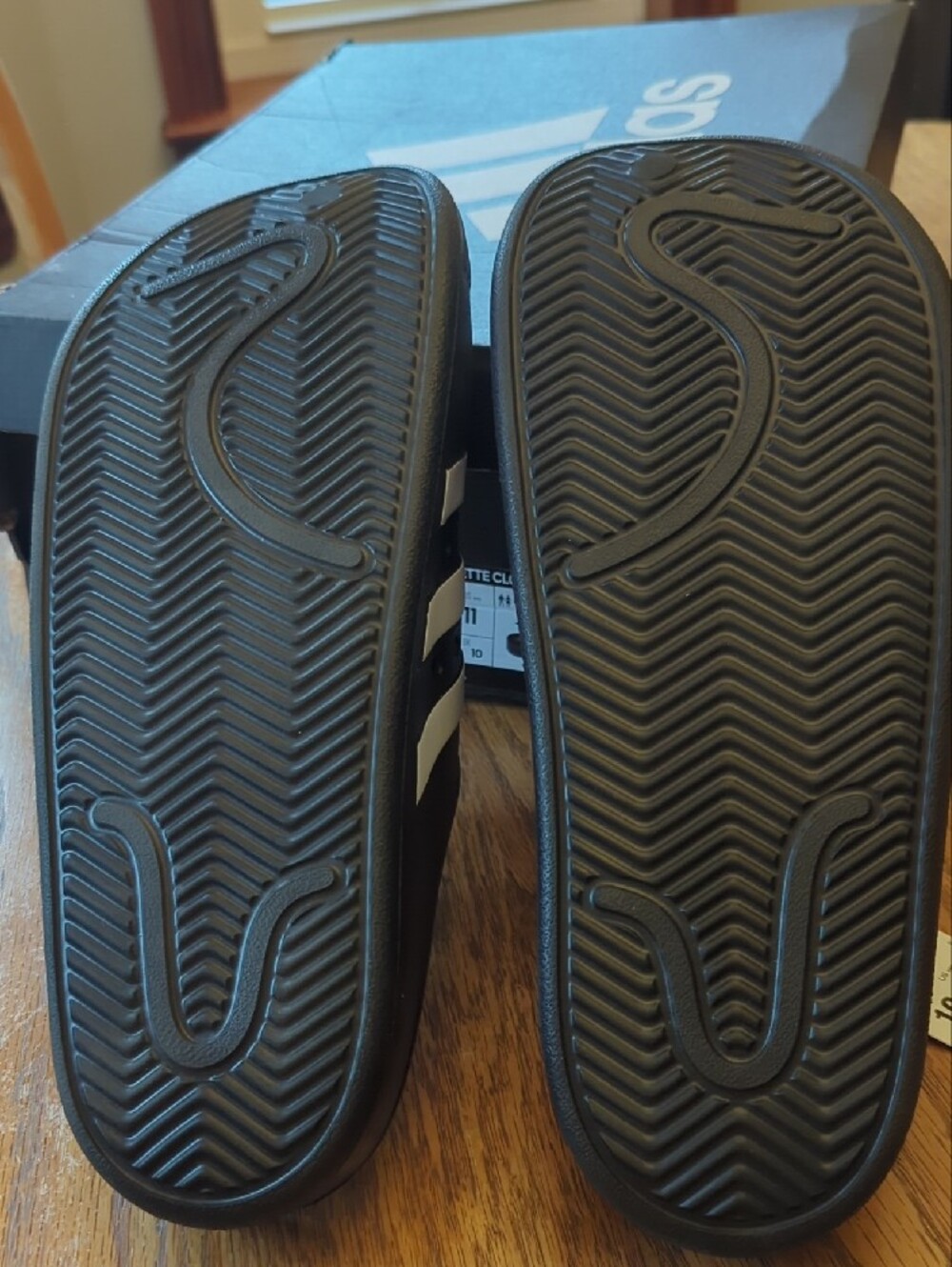 adidas Black Adilette Clog Slip-On Sandals with White Stripes - Picture 4 of 8
